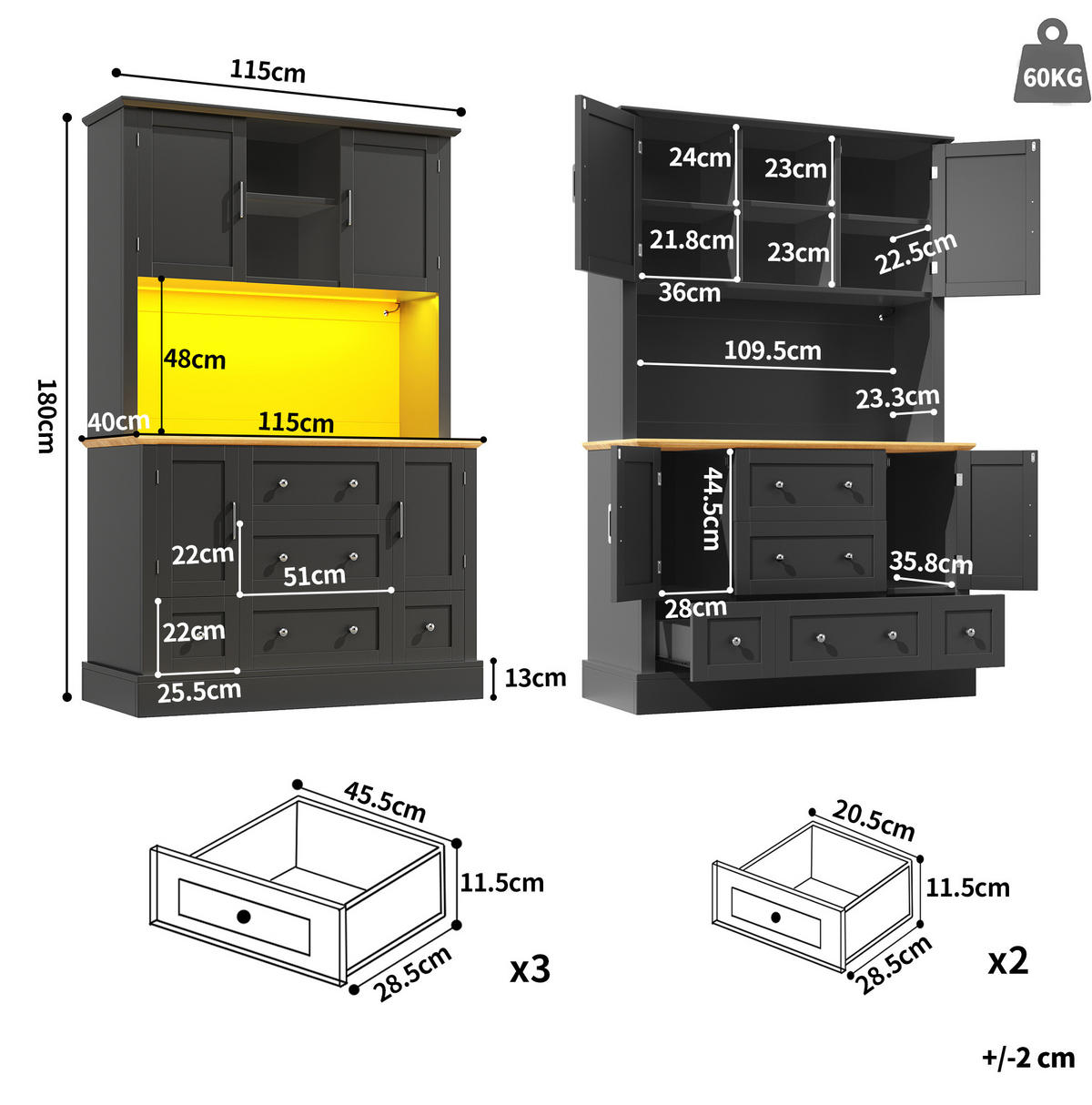 SKŘÍŇ na nádobí 115×40×180 cm, MDF/kov, černá-přírodní, s LED osvětlením a aplikací - černá, kompozitní dřevo (115/180/40cm) - BEAOK