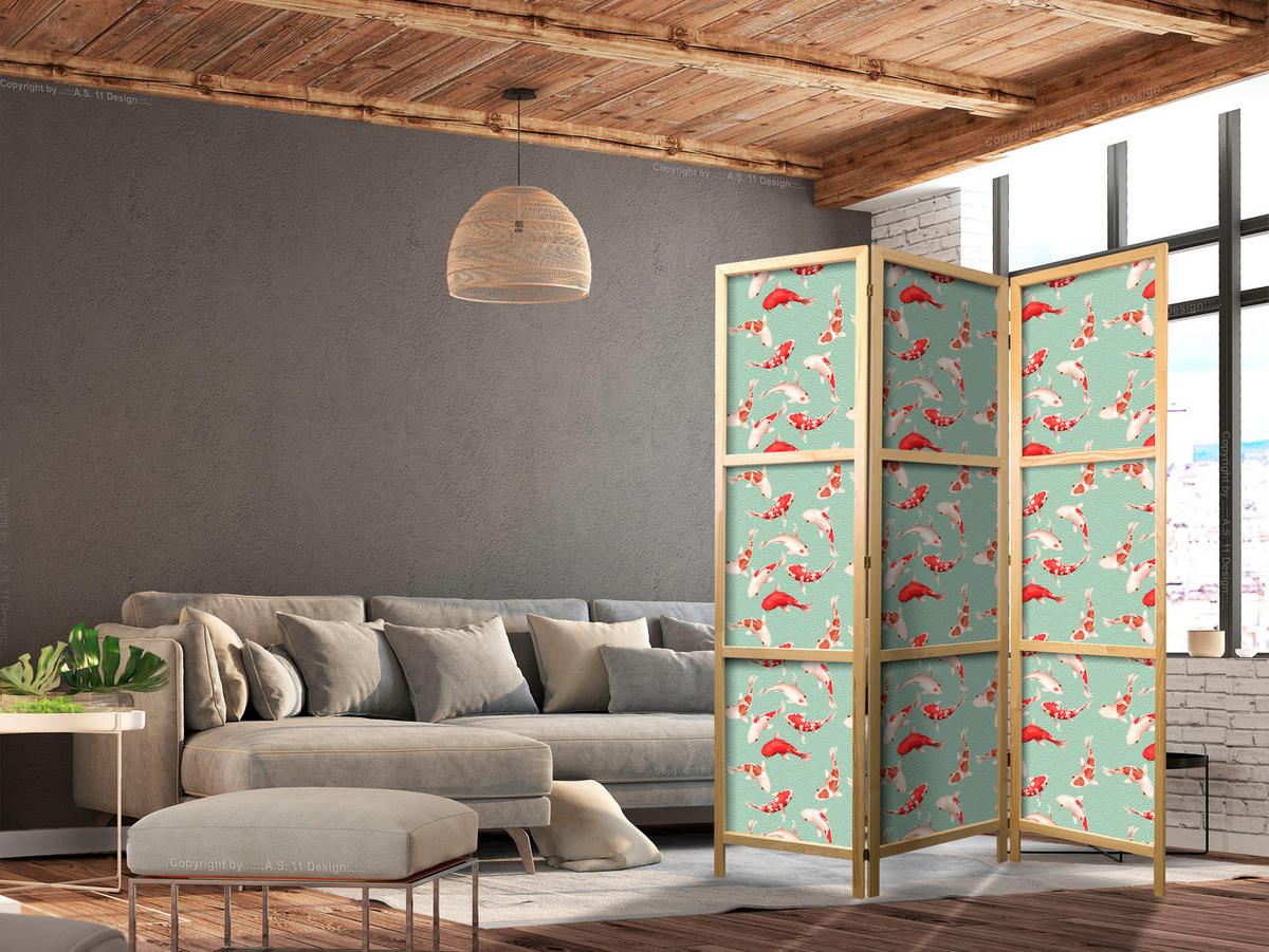 PARAVENT Japanischer 3-tlg 135x172 cm Koi-Fische - Grün, Holz/Textil (135/172/3cm) - Muralo