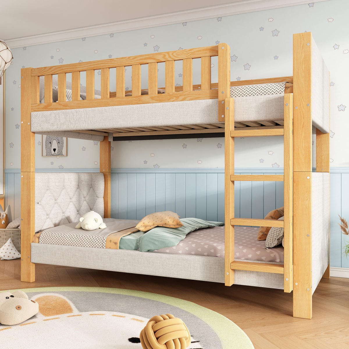 ETAGENBETT 90/200 cm aus Kautschukholz und MDF mit 4-Stufen-Treppe, Absturzsicherung und Schwammkante, Grau/Natur - Grau, Holz (90/200cm) - Redom