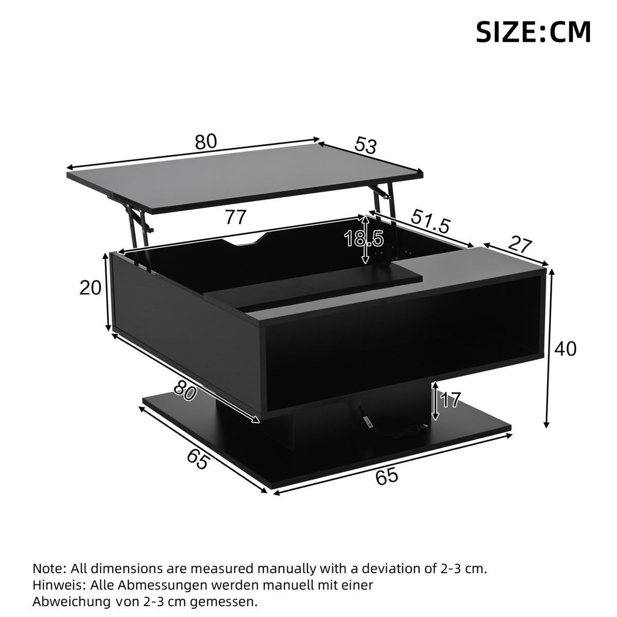 COUCHTISCH 80/75/40 cm mit Liftfunktion und LED-Beleuchtung in Schwarz - Schwarz, Holzwerkstoff (80/77/40cm) - Flora Grace