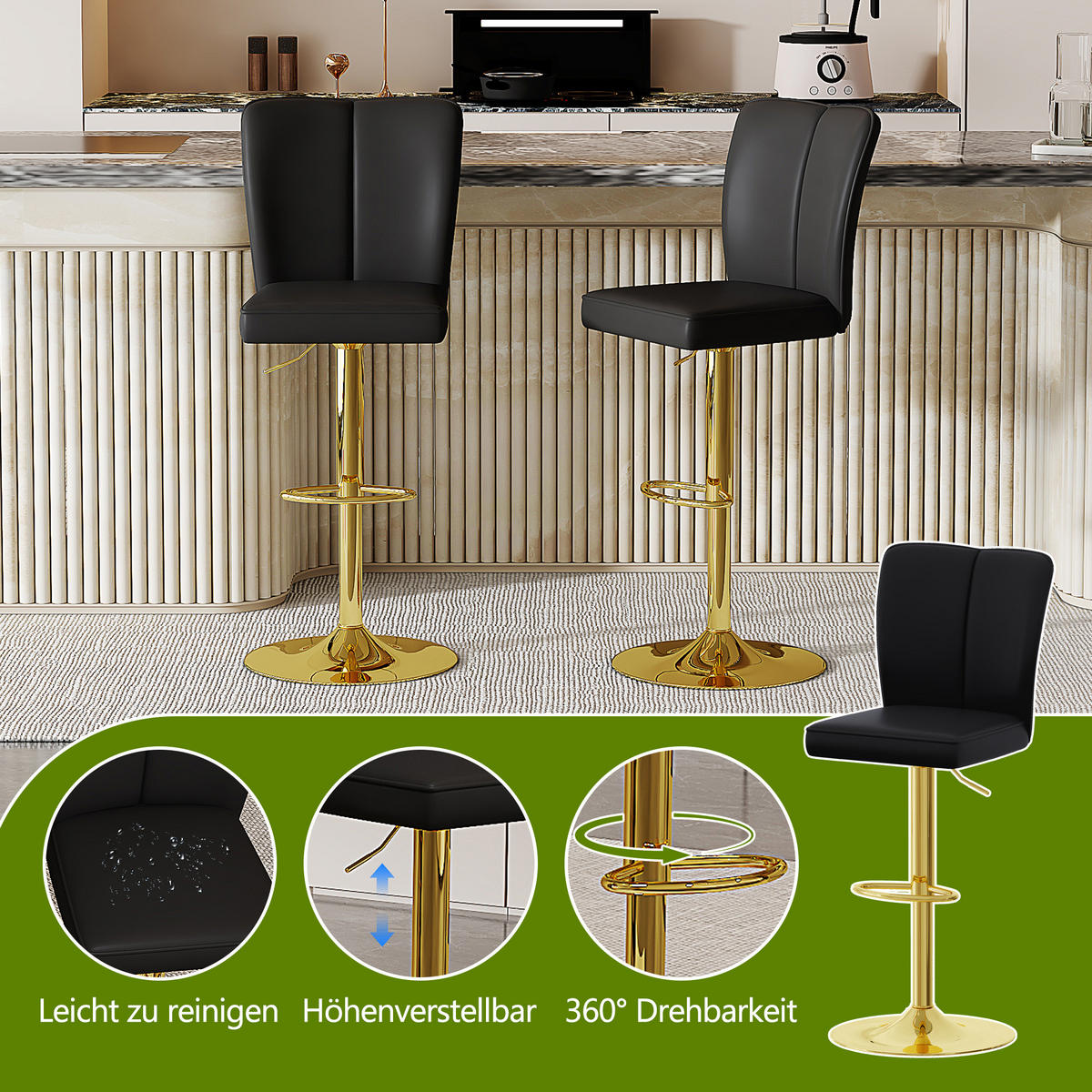 BARHOCKER 2er-Set Schwarz-Gold höhenverstellbar & 360° drehbar mit PU-Leder - Schwarz, Metall (44.5/95.5/44cm) - PANGIVO