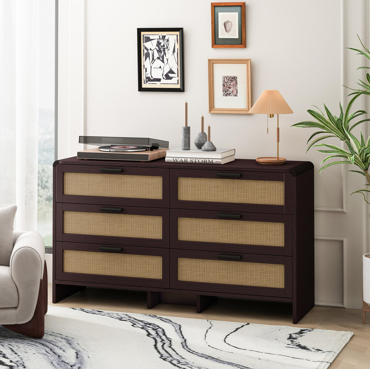 KOMMODE 130 cm in Rotbraun mit 6 Rattanschubladen und abgerundeten Ecken - Braun, Holzwerkstoff (130/74/40cm) - Flora Grace