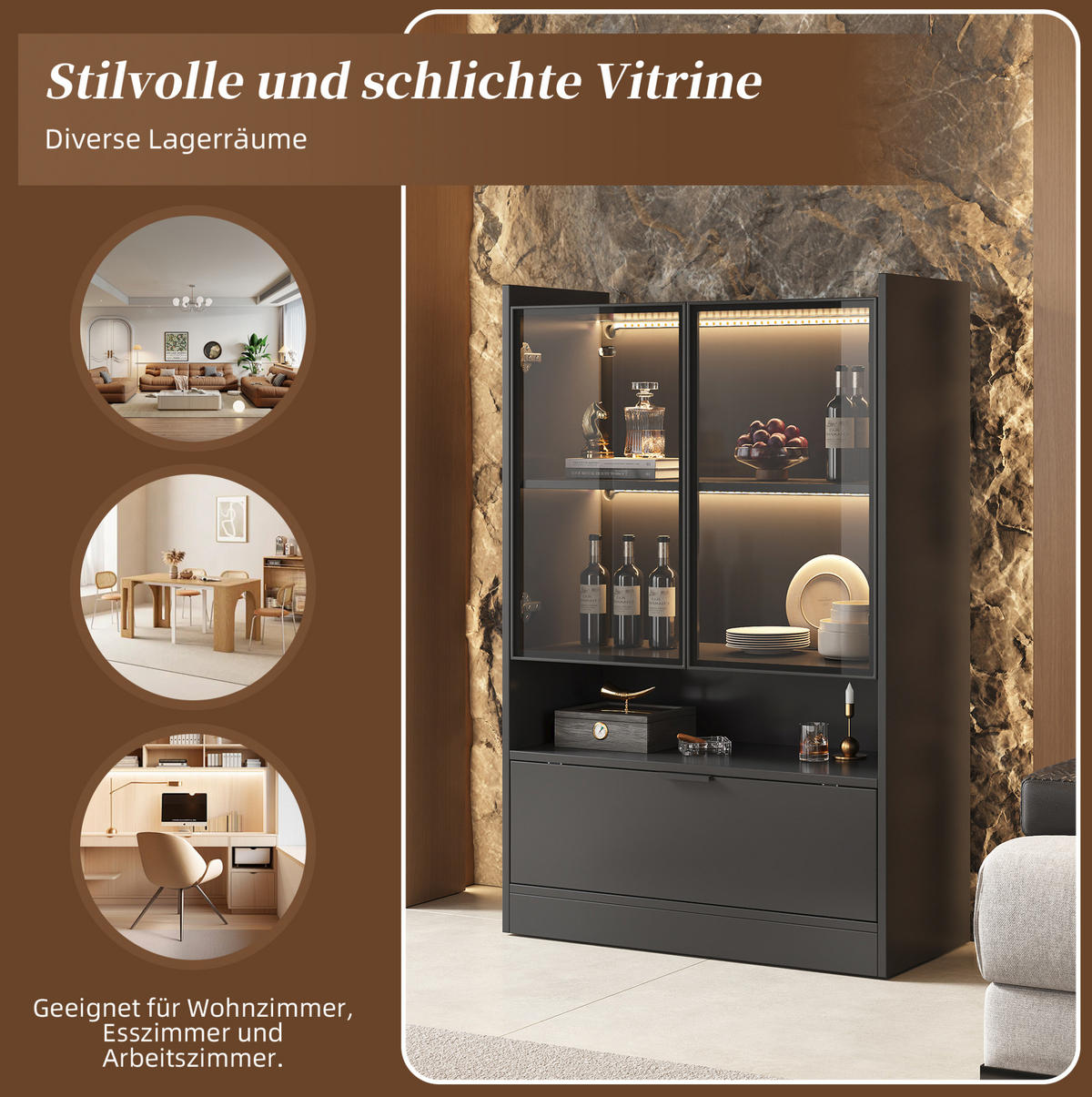 VITRINA 35/80/120 cm crna od iverice sa staklenim vratima i LED rasvjetom - crna, drvni materijal (80/120/35cm) - OKWISH