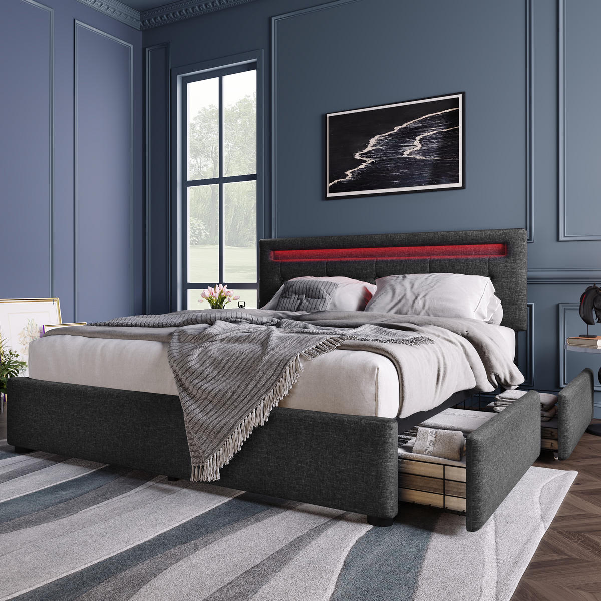 POLSTERBETT 140/200 cm mit LED-Kopfteil, 4 Schubladen & verstellbarem Kopfteil, Grau - Grau, Textil (140/200cm) - Redom