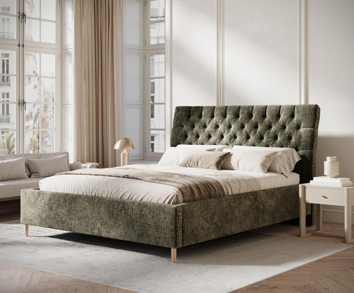 POLSTERBETT Vezzola Olivgrün 120/200 cm im Chenille-Stoff - Naturfarben/Olivgrün, Holz/Holzwerkstoff (120/200cm) - Maison de Reve