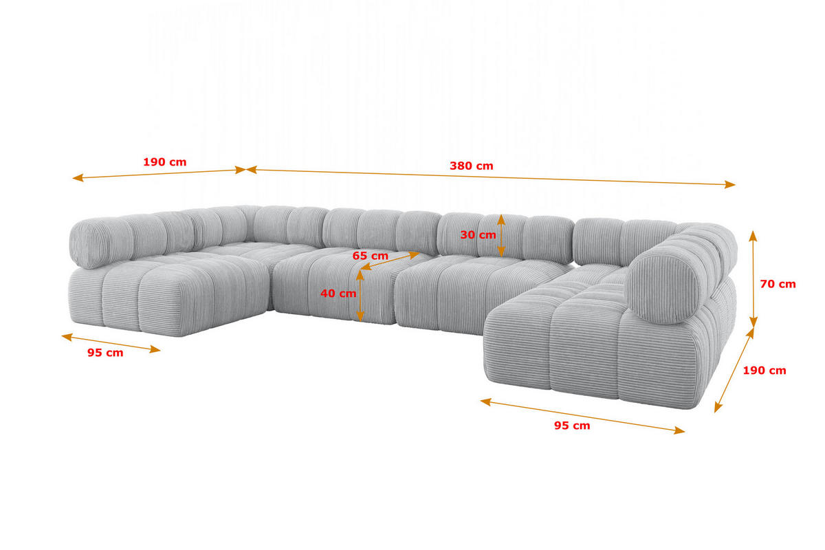 WOHNLANDSCHAFT modulares Sofa Garvo-U2 - 380x190x70 cm Grau Cord - Grau, Holzwerkstoff/Textil (380/70/190cm) - ALTDECOR