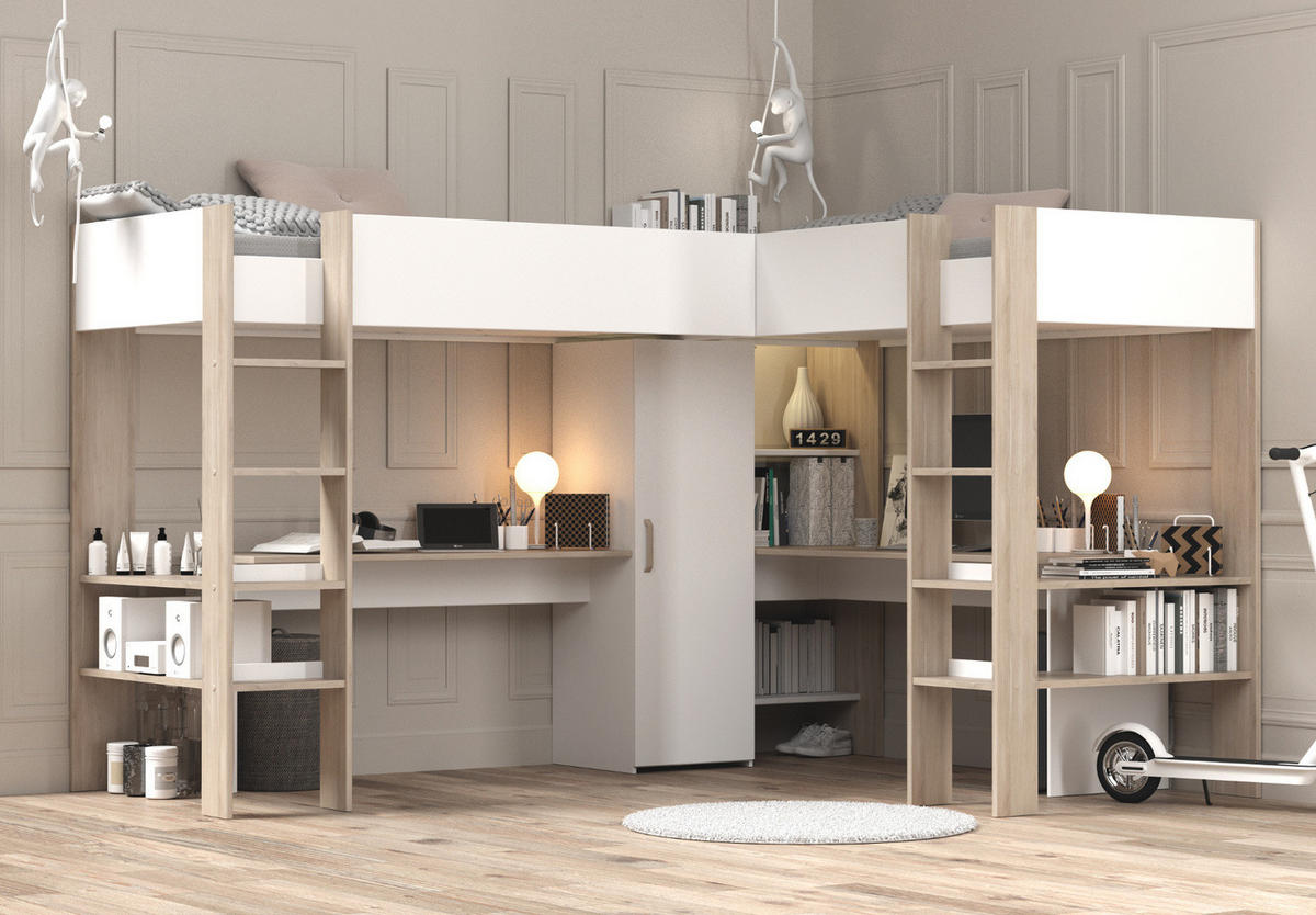 HOCHBETT weiß, Eiche, Kinderzimmer mit 2x Bett Liegefläche 90 x 200 cm - Eichefarben/Silberfarben, Holzwerkstoff/Kunststoff (90/200cm) - Parisot Meuble