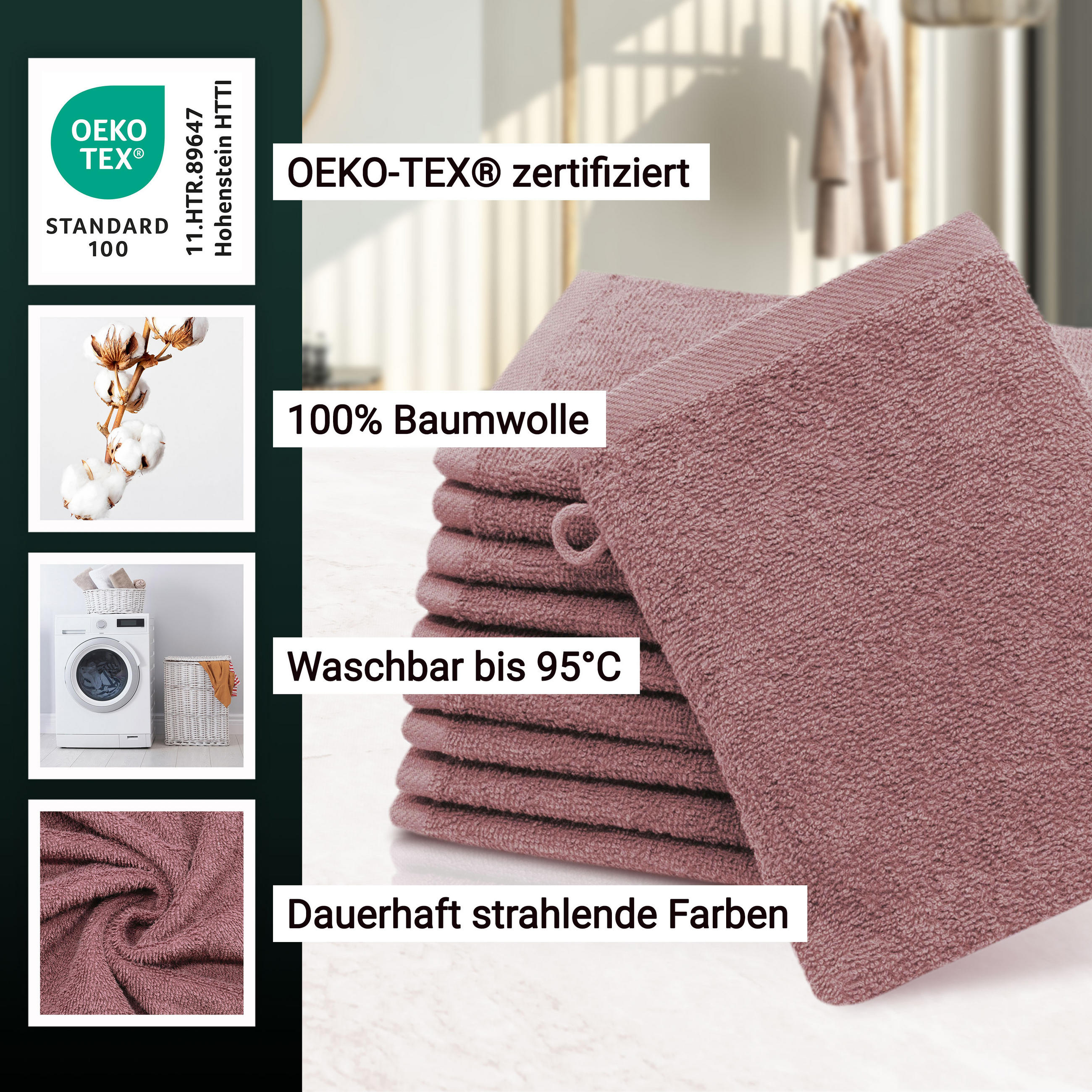 WASCHHANDSCHUH, 10er-Set, 16x21 cm, 100% Baumwolle, Rosa - Altrosa, Textil (16/21cm) - Zollner
