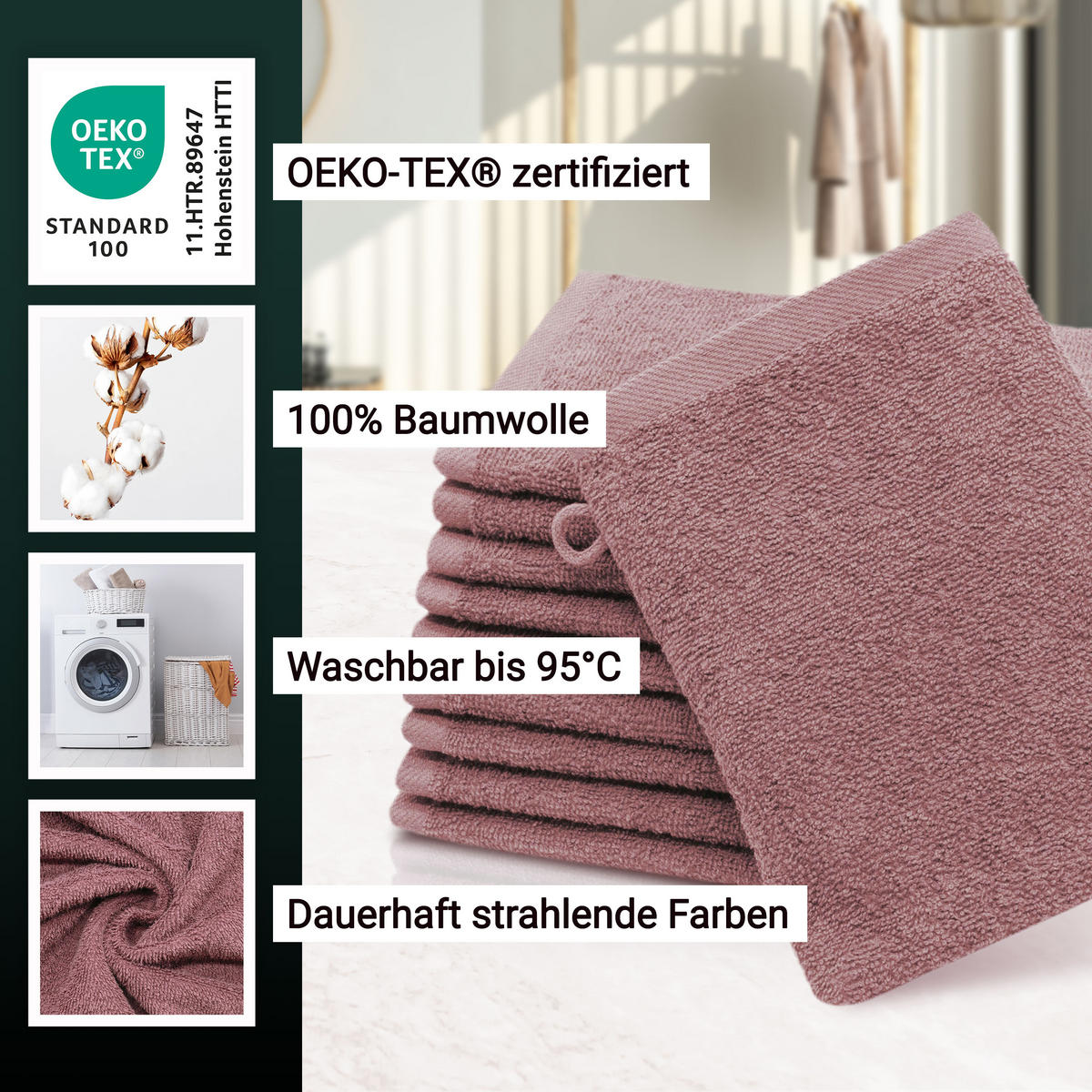 WASCHHANDSCHUH, 10er-Set, 16x21 cm, 100% Baumwolle, Rosa - Altrosa, Textil (16/21cm) - Zollner