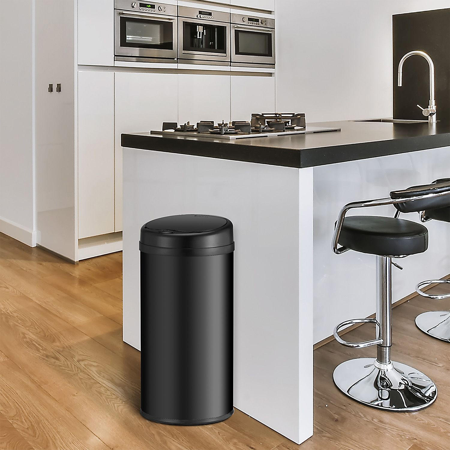 MÜLLEIMER rund 40L schwarz mit Sensor - Schwarz, Metall (31/68/31cm) - Juskys