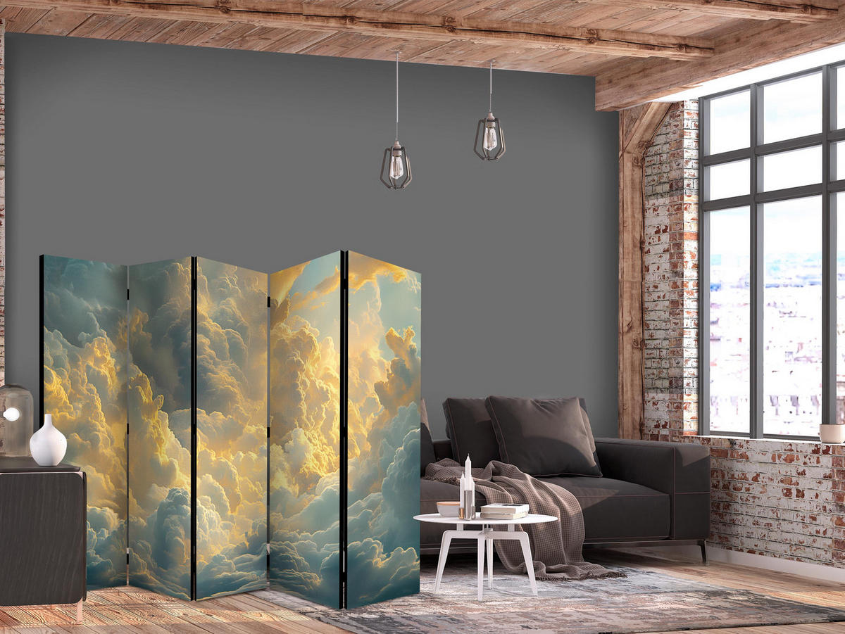 PARAVÁN Akustický 5-dielny 225x172 cm Nebo Plné Oblakov - žltá, drevo/textil (225/172/3cm) - Muralo