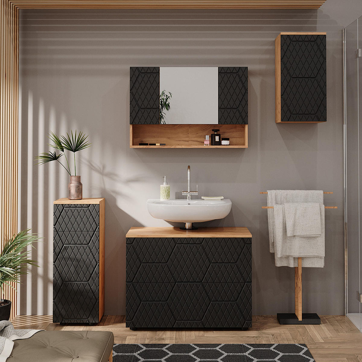 BADSCHRANK Irma Anthrazit gestreift 30 x 59 cm 2 Fächer, Badezimmer - Hellbraun/Dunkelgrau, Holzwerkstoff (30/59/24cm) - Vicco