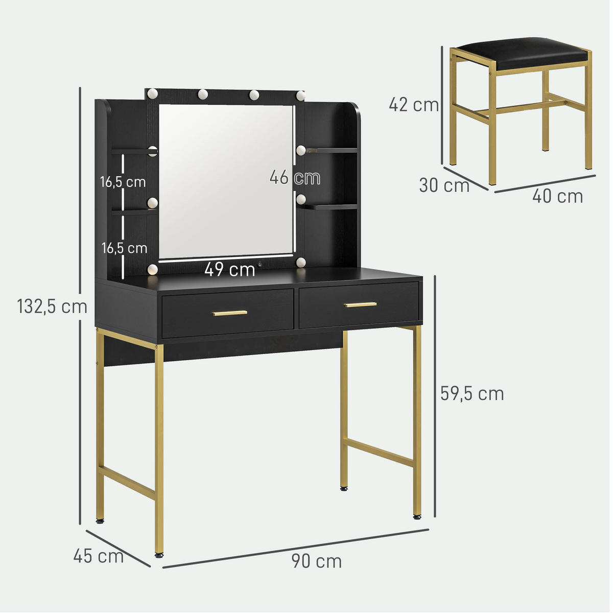 SCHMINKTISCH DE-18308 Schwarz - Schwarz, Holzwerkstoff (45/132.5/90cm) - ComfortXL