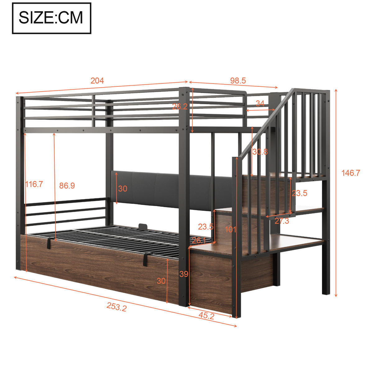 HOCHBETT 90/200 cm aus Metall und MDF mit Stauraumtreppe Schwarz - Schwarz, Holzwerkstoff (90/200cm) - Modenvie
