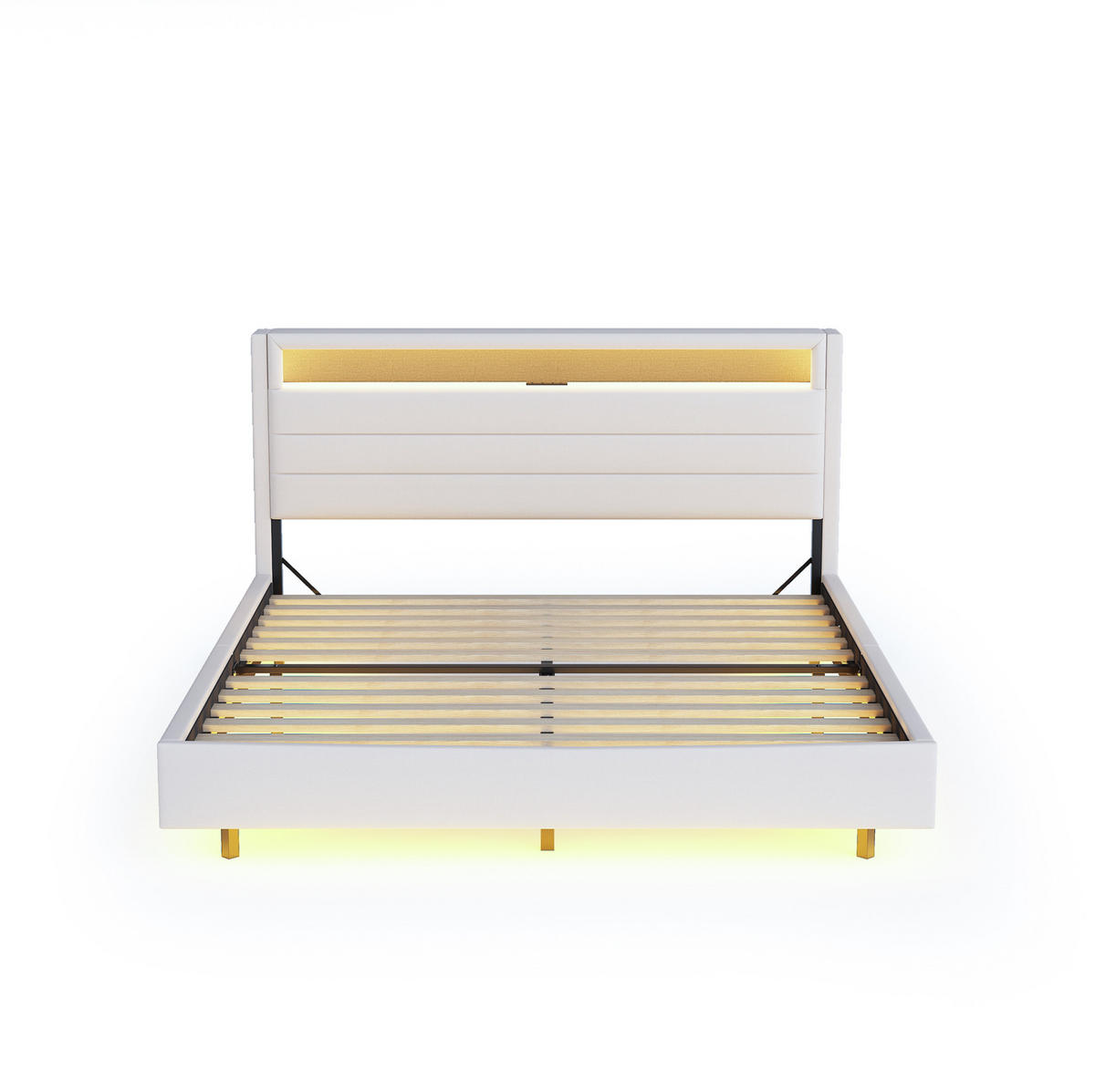 ČALÚNENÁ posteľ 160/200 cm béžová s USB zásuvkou LED osvetlením a úložným čelom z ľanovej tkaniny - béžová, textil (160/200cm) - OKWISH