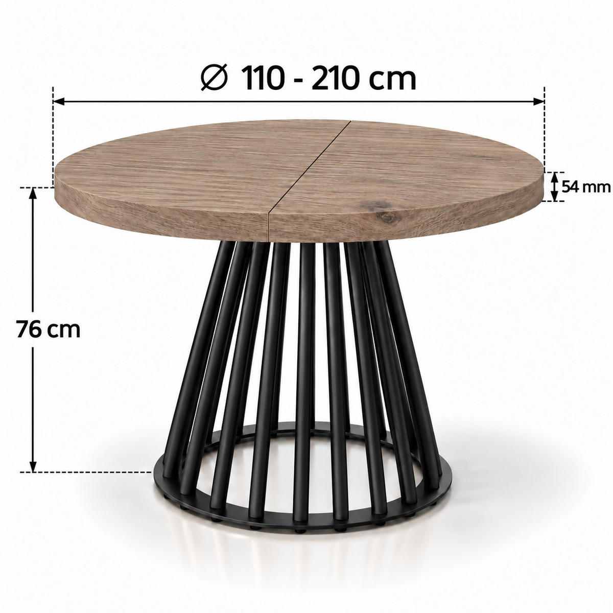 ESSTISCH rund ausziehbar 110/210/76 cm, Graubraun Eiche Halifax Egger, 54 cm Tischplatte + Lamellen-Metallgestell Schwarz - Eichefarben/Graubraun, Holzwerkstoff/Metall (110/210/76cm) - Damale Möbel