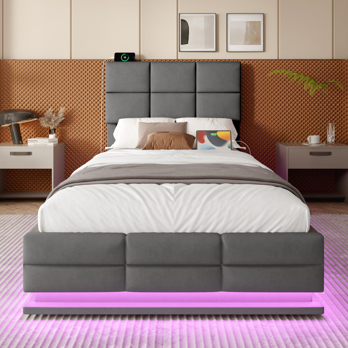 BETT mit Stauraum und LED 90x200 cm Samt Dunkelgrau - Dunkelgrau, Metall (90/200cm) - Meubliv