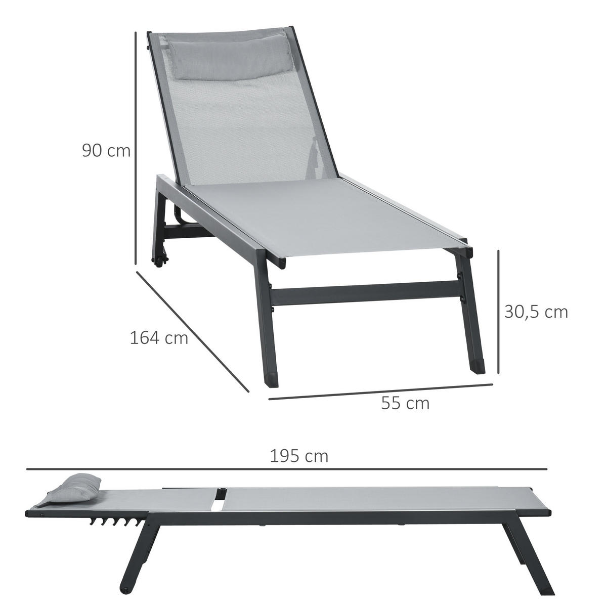 SONNENLIEGE DE-15611 Aluminium, 5-fach verstellbar mit Rollen Hellgrau - Hellgrau, Metall (55/90/164cm) - ComfortXL