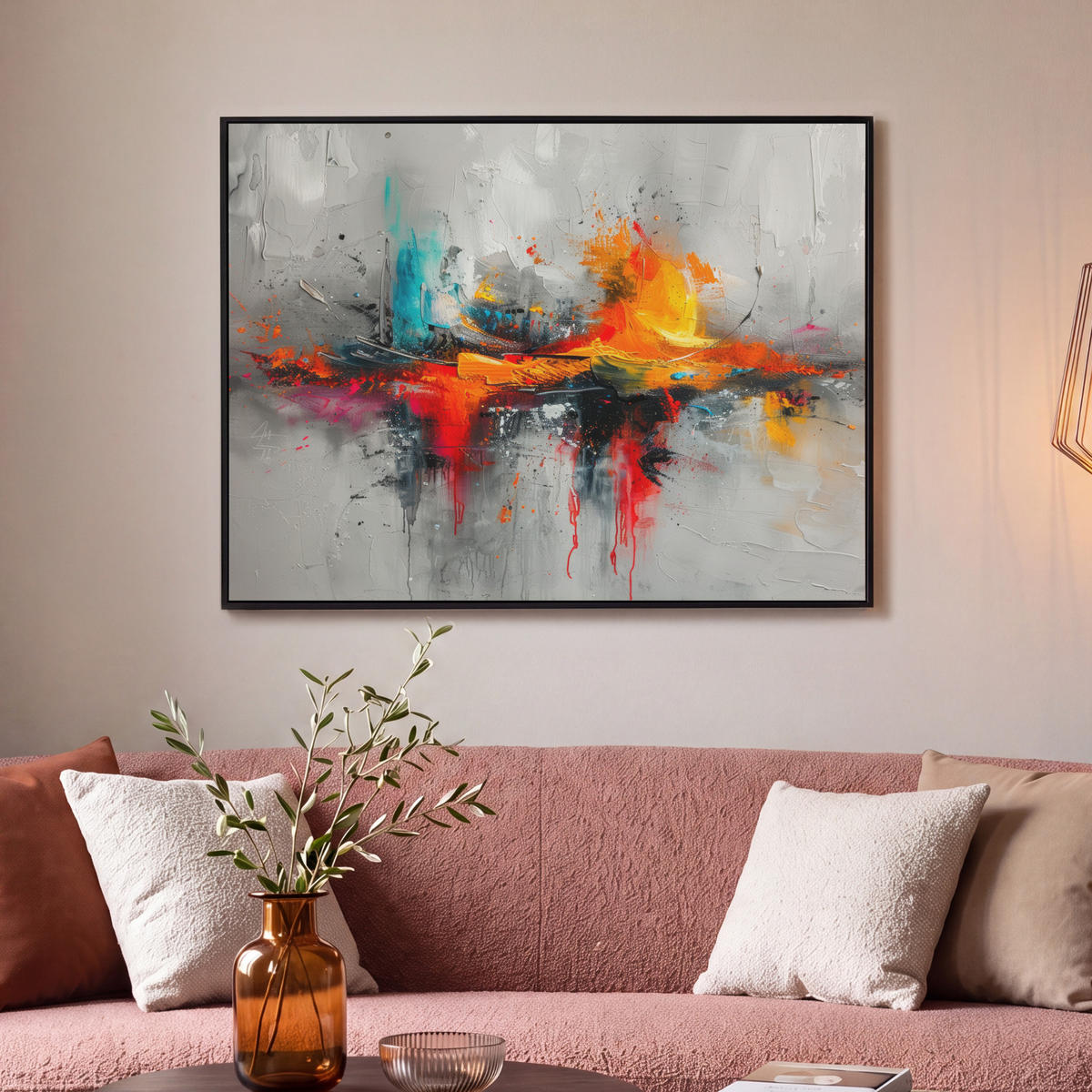LEINWAND Bilder mit Rahmen - Moderne Kunst - Orange - Grau - Abstrakt - 100x70 - Hellgrau, Textil (100/70cm) - MuchoWow