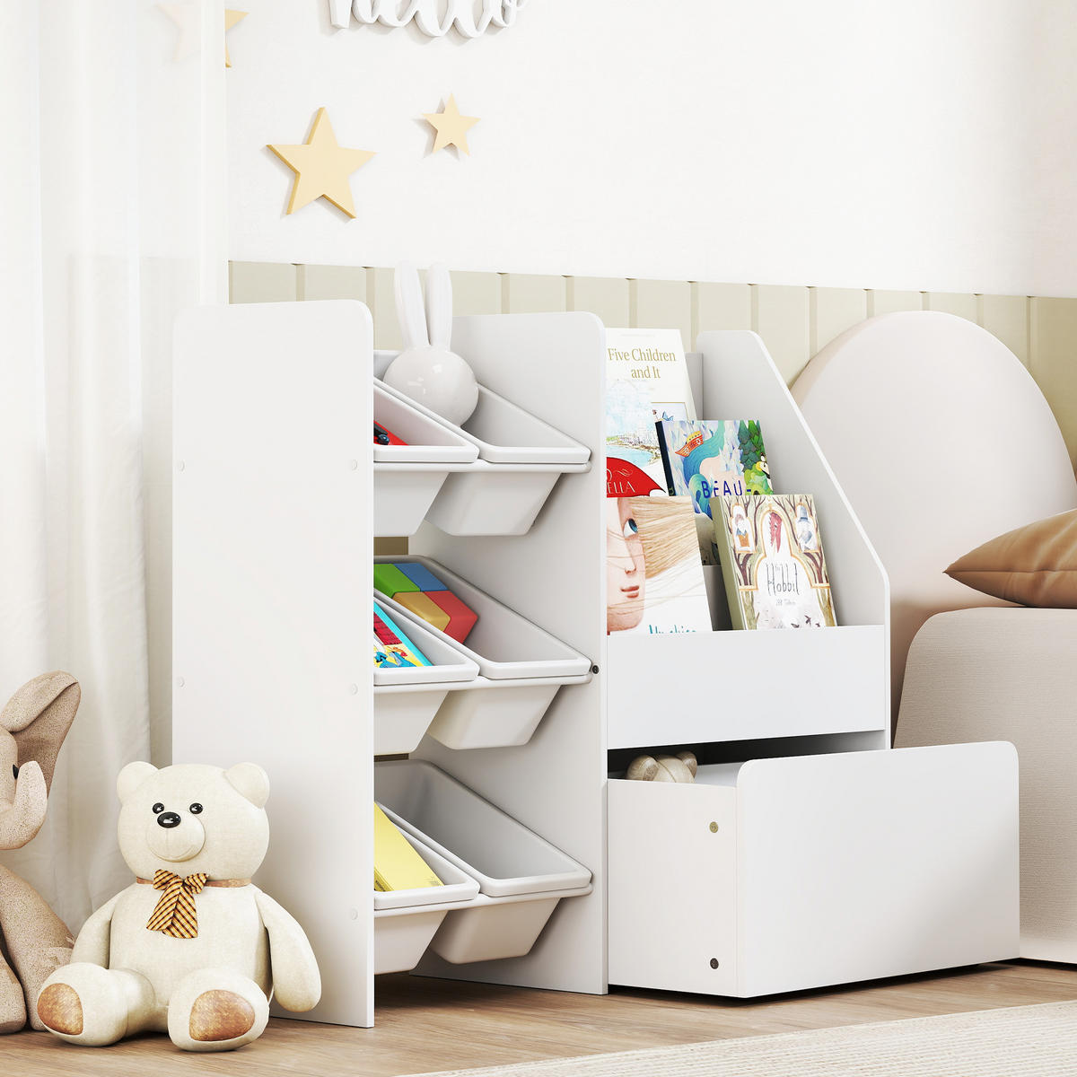 SPIELZEUGREGAL DE-09568 6 Behälter mit rollbarer Box Weiß - Weiß, Holzwerkstoff (100/80/30cm) - ComfortXL