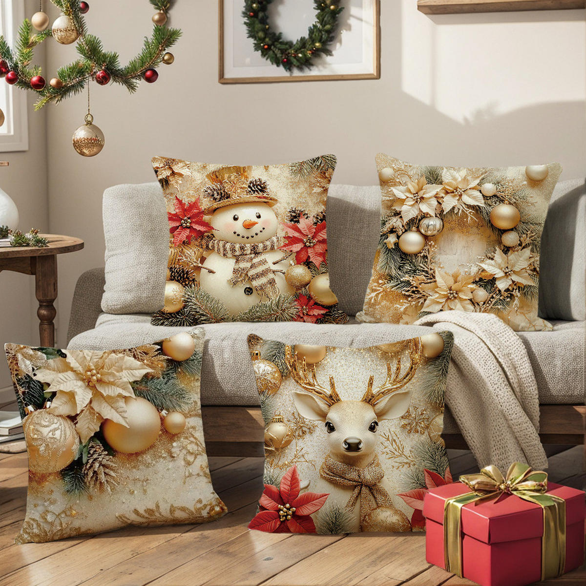 KISSENBEZUG – Weihnachtskissenbezug (Kissenfüllung nicht enthalten) – 45 x 45 cm – Multicolor(vier Stück) - Multicolor, Textil (45/45cm)