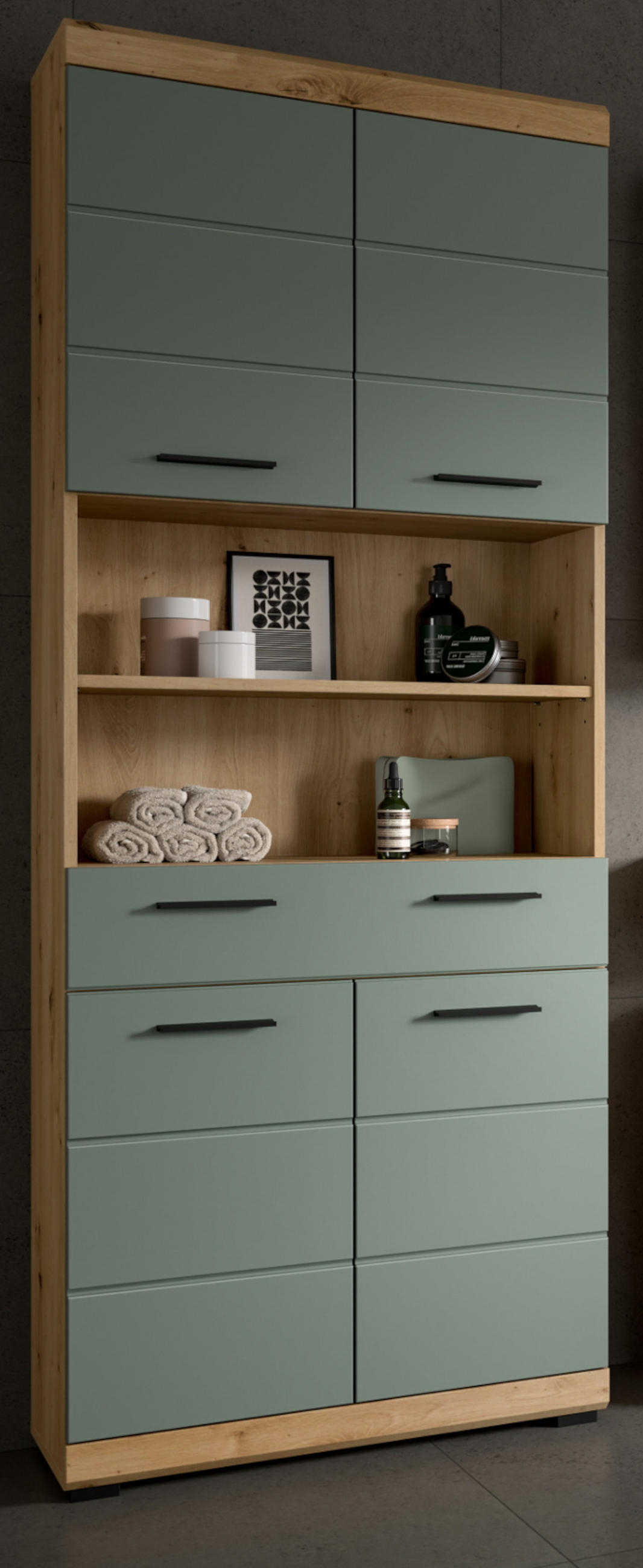 HOCHSCHRANK Salbei grün, Eiche Artisan 74 cm, Badschrank mit 6 Fächern - Salbeigrün/Schwarz, Holzwerkstoff/Kunststoff (74/191/31cm) - Inn.Furn