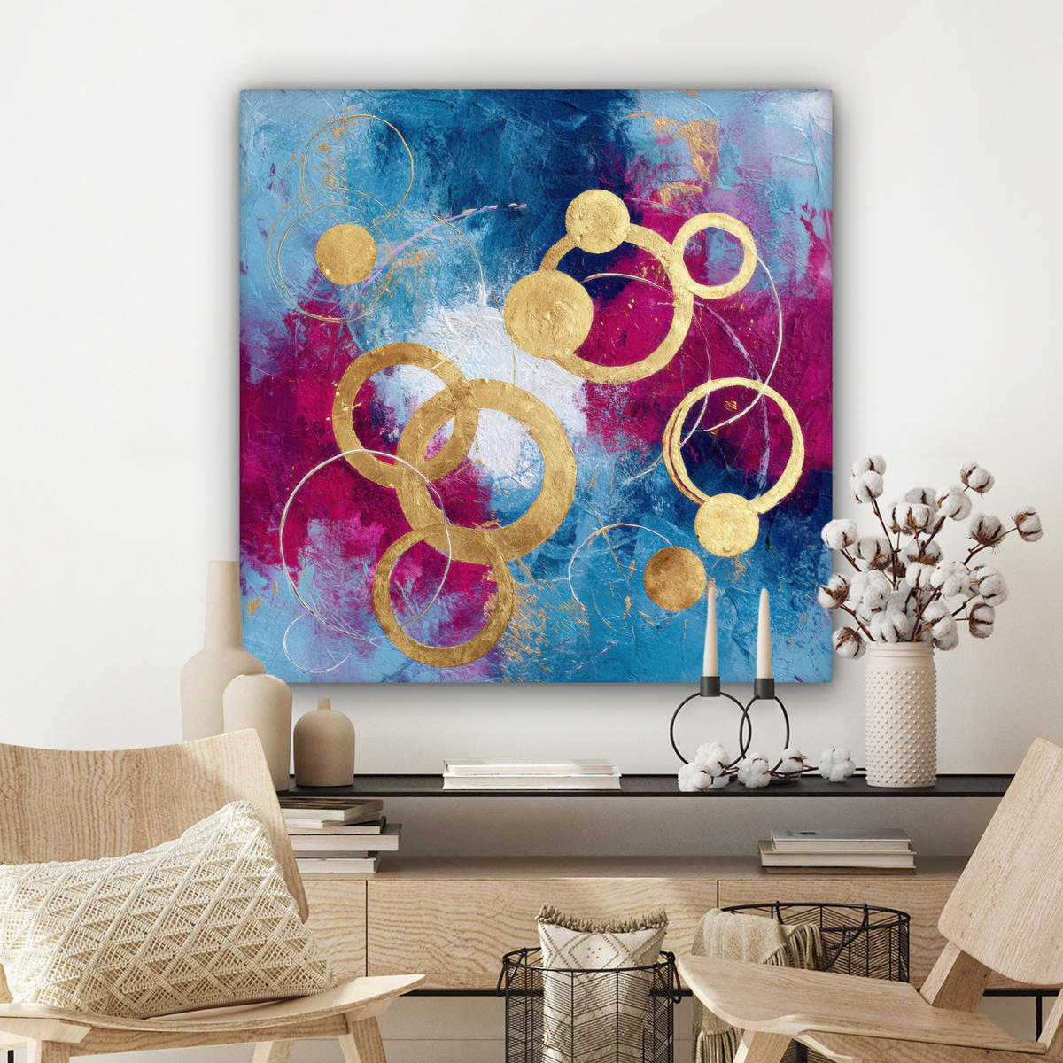 LEINWANDBILD Kreise - Gold - Abstrakt Deko Groß 90x90 cm - Blau, Textil (90/90cm) - MuchoWow