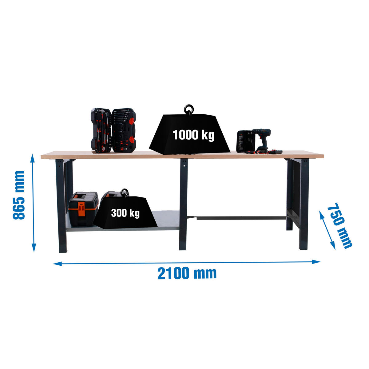 WERKBANK Buffalo Wood HxBxT 86,5 x 210 x 75 cm Traglast 1000 kg Anthrazit - Anthrazit, Metall (210/86.5/75cm) - PROREGAL