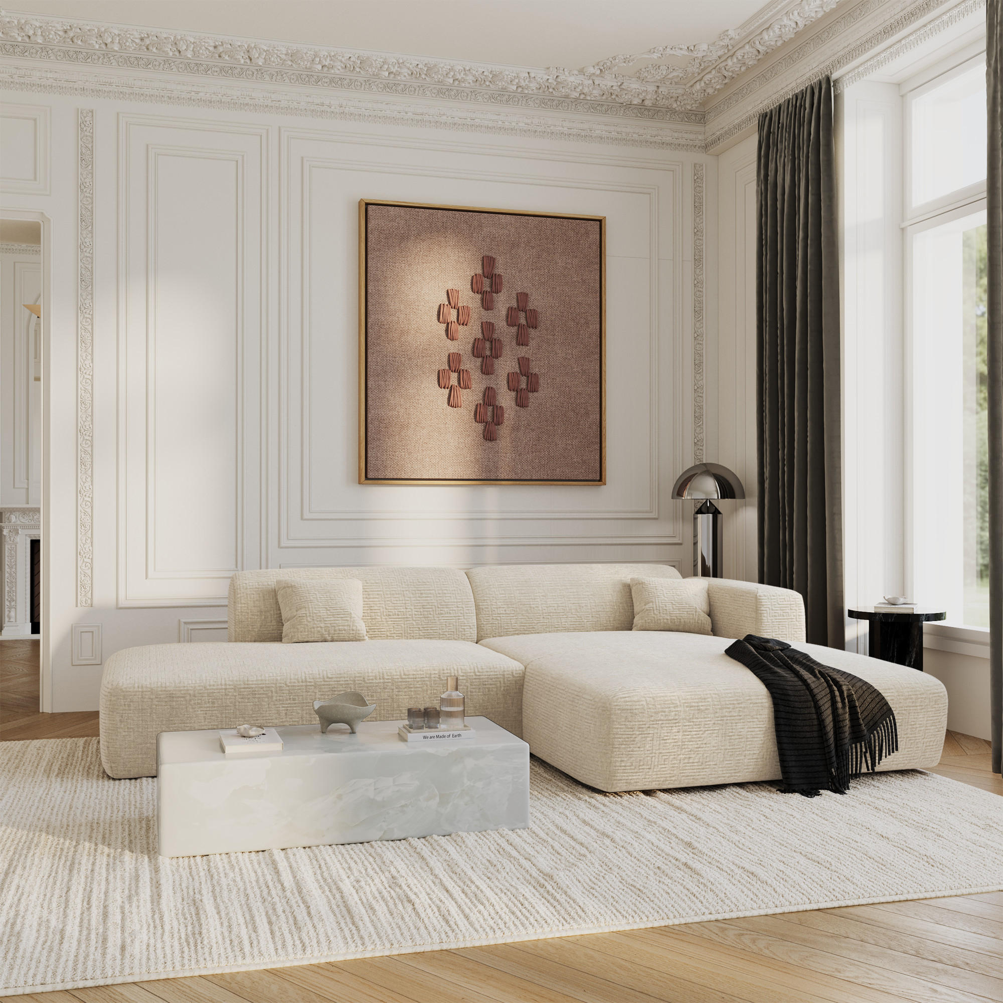 ECKSOFA RECHTS Gemusterter Samt Creme 310cm - Creme, Textil (300/96cm) - Sia Home