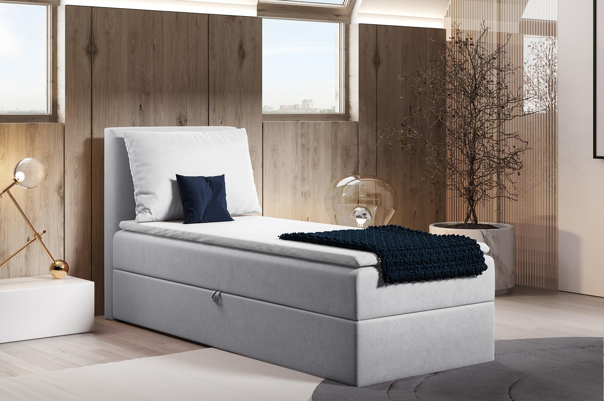 BOXBETT Egro Mini - 90x200 - hellgrau (Paros 05, Velvet) - Hellgrau/Schwarz, Holz/Holzwerkstoff (90/200cm) - Sofnet