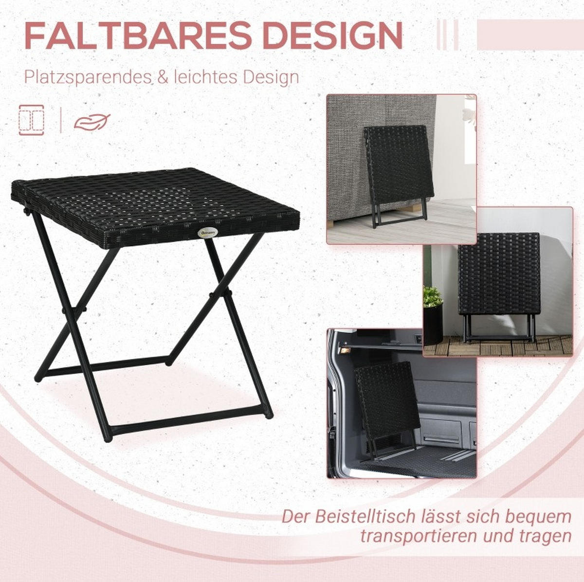 BALKONOVÝ stůl 40/40/40 cm černý ze oceli skládací a odolný proti počasí - černá, kov (40/40/40cm) - OKWISH