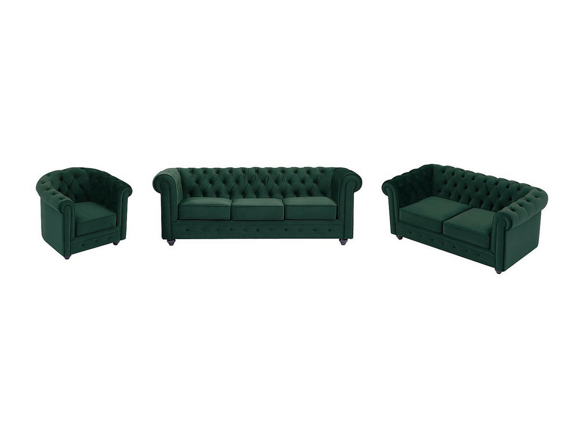 SOFAS 3-Sitzer, 2-Sitzer & Sessel - Samt - Grün - CHESTERFIELD - Grün, Textil (88/72/205cm) - Vente-Unique