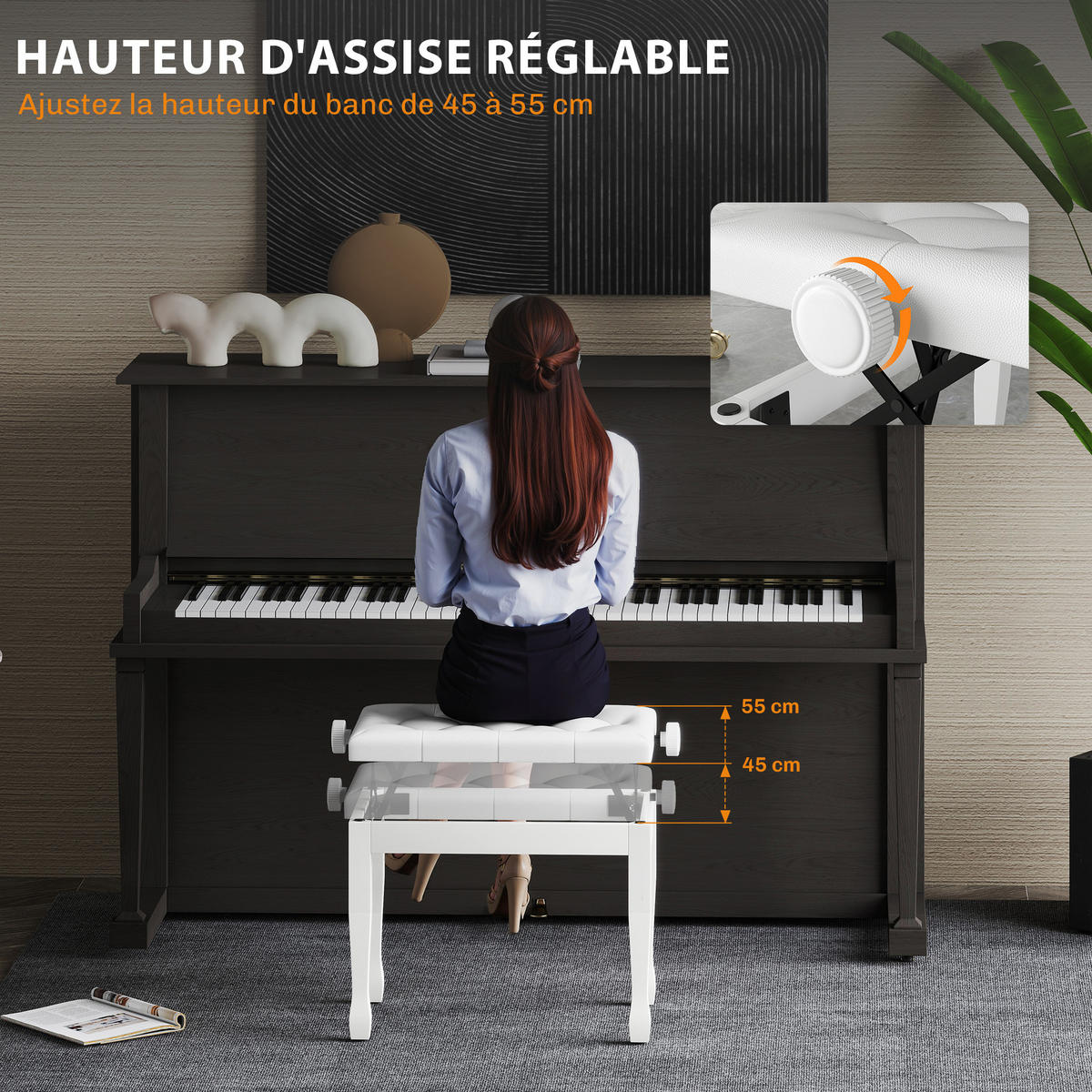 HOCKER DE-16434 höhenverstellbar mit Diamantsteppung Weiß - Weiß, Metall (35/55/64cm) - ComfortXL