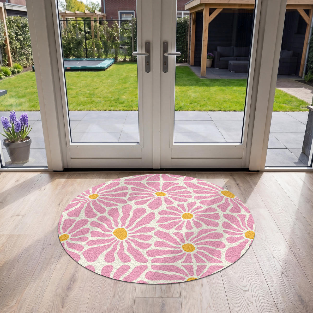 FUSSMATTE Blumen - Muster - Rosa - Beige - Orange Sauberlaufmatte 120x120 cm - Rosa, Kunststoff (120/120cm) - MuchoWow