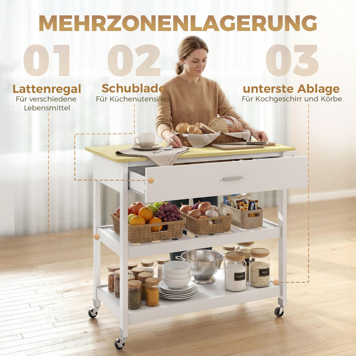 KÜCHENWAGEN, Rollende Kücheninsel mit Arbeitsplatte, großem Stauraum, 2 offenen Regalen, Handtuchhalter, Weiß - Multicolor, Metall (108.8/92.5/51cm) - FORIOUS