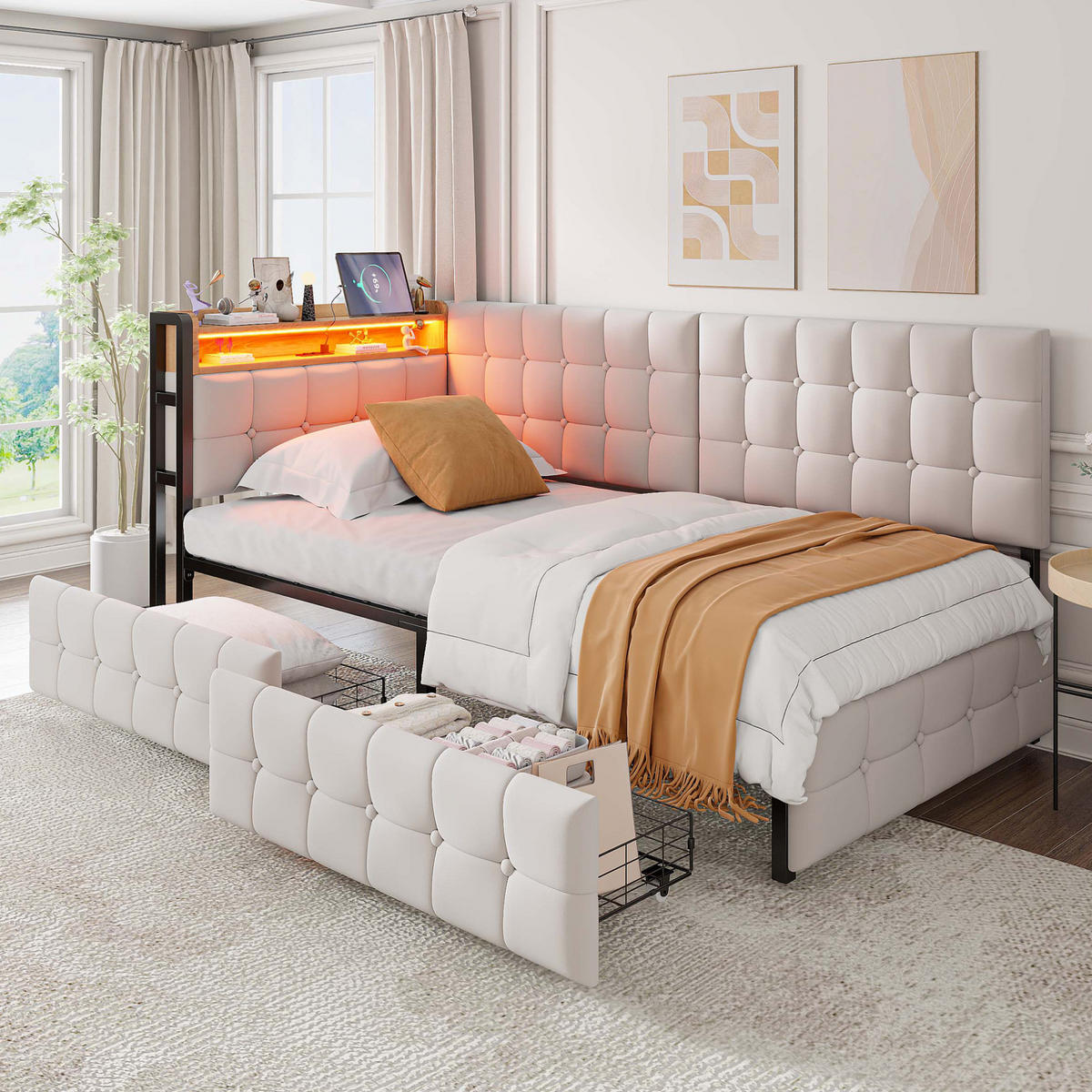 POLSTERBETT 90/200 cm Beige aus Samt mit 2 Schubladen und LED-Beleuchtung - Beige, Textil (90/200cm) - OKMYHOME