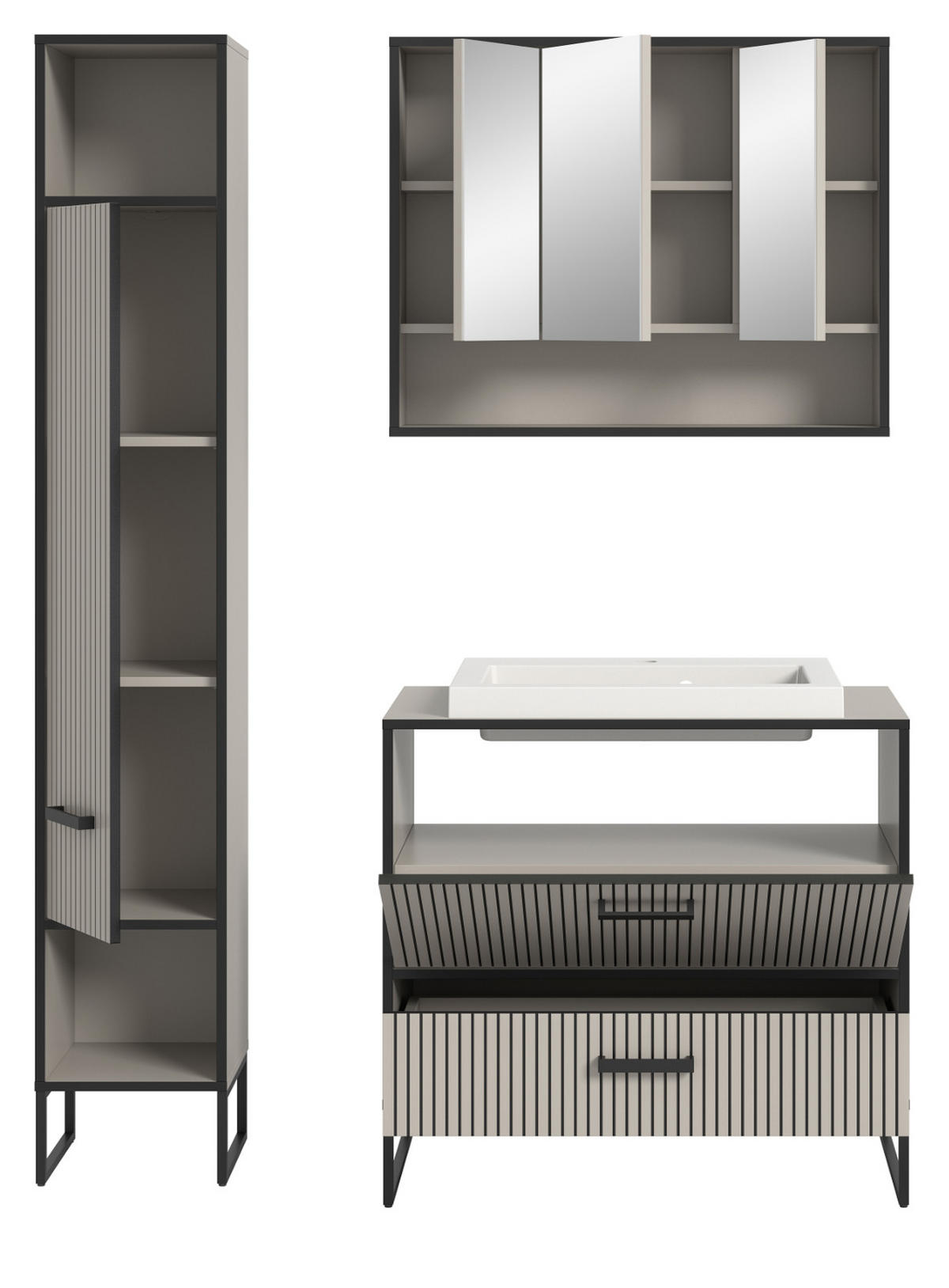 BADMÖBEL-SET schwarz, sand mit Waschbecken 125 cm, Kombination mit Soft-Close - Sandfarben/Schwarz, Glas/Keramik (125/192/48cm) - Inn.Furn