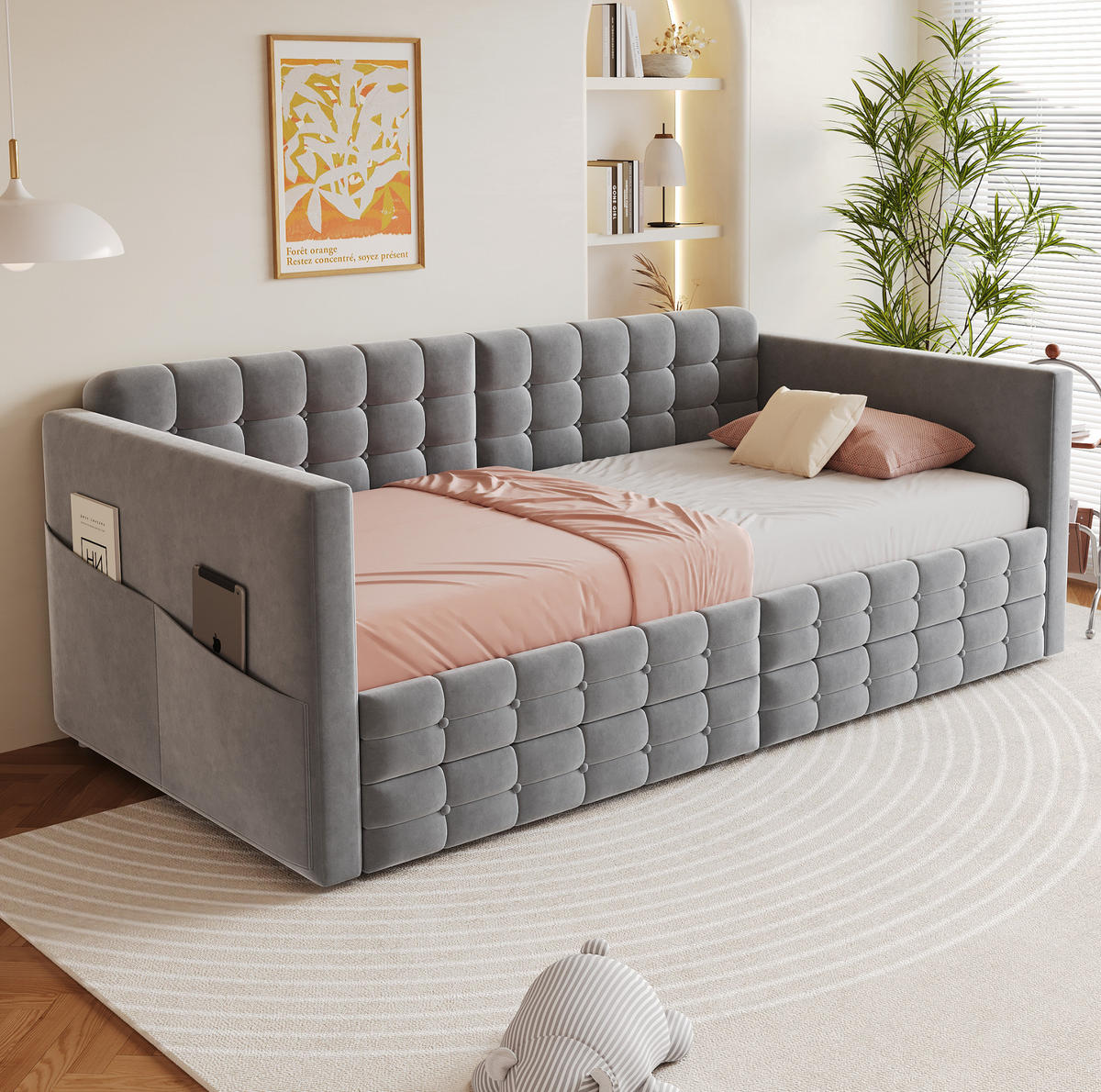 ČALÚNENÁ posteľ z velúru 90x190 cm sivá s úložným priestorom, bočnými vreckami a 2 zásuvkami - sivá, textil (90/190cm) - Modfu