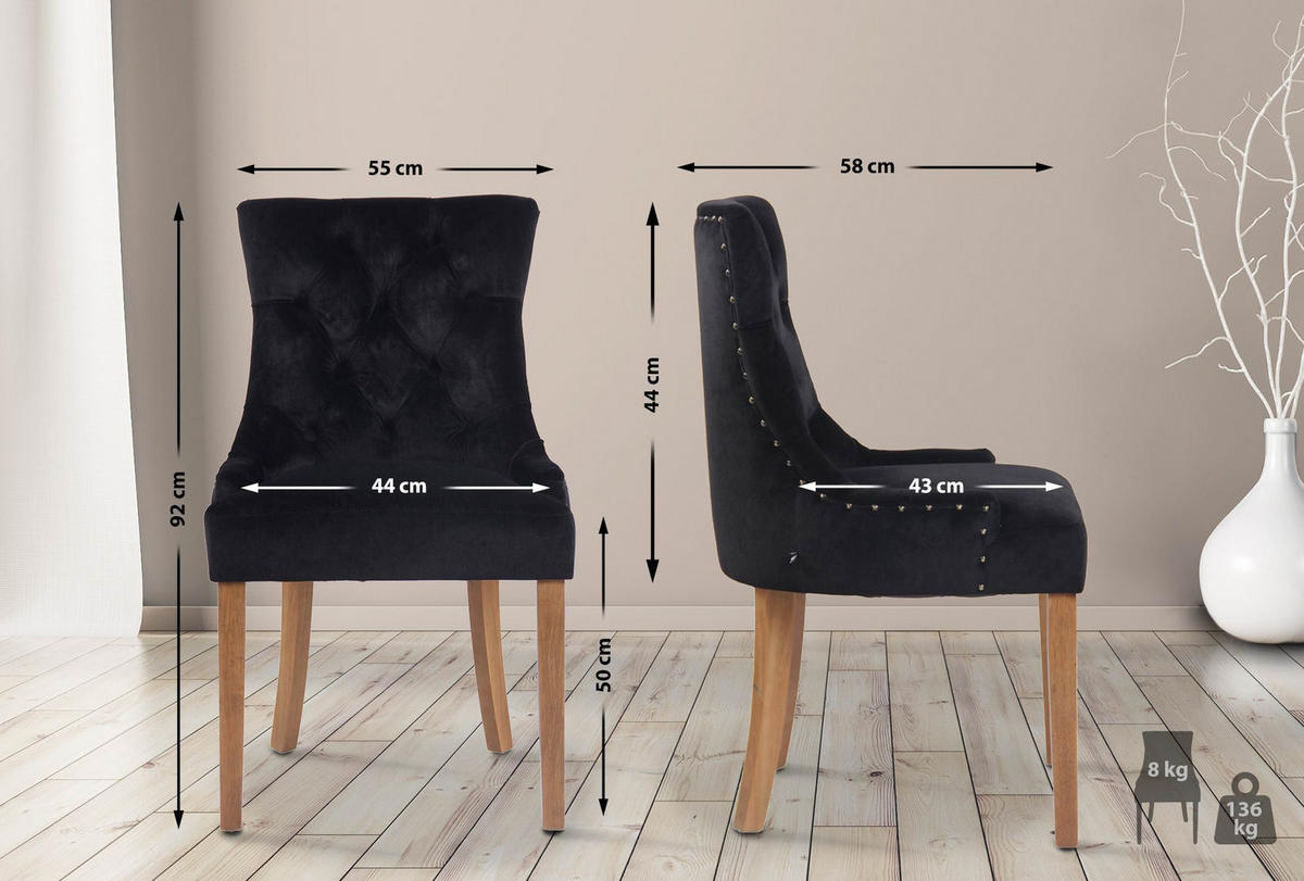 STUHL Samt schwarz - Schwarz/Naturfarben, Holz/Textil (55/92/58cm) - CLP