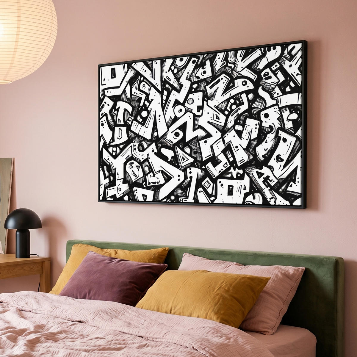 LEINWAND Bilder mit Rahmen - Formen - Buchstaben - Graffiti - Schwarz - 140x90 - Schwarz, Textil (140/90cm) - MuchoWow
