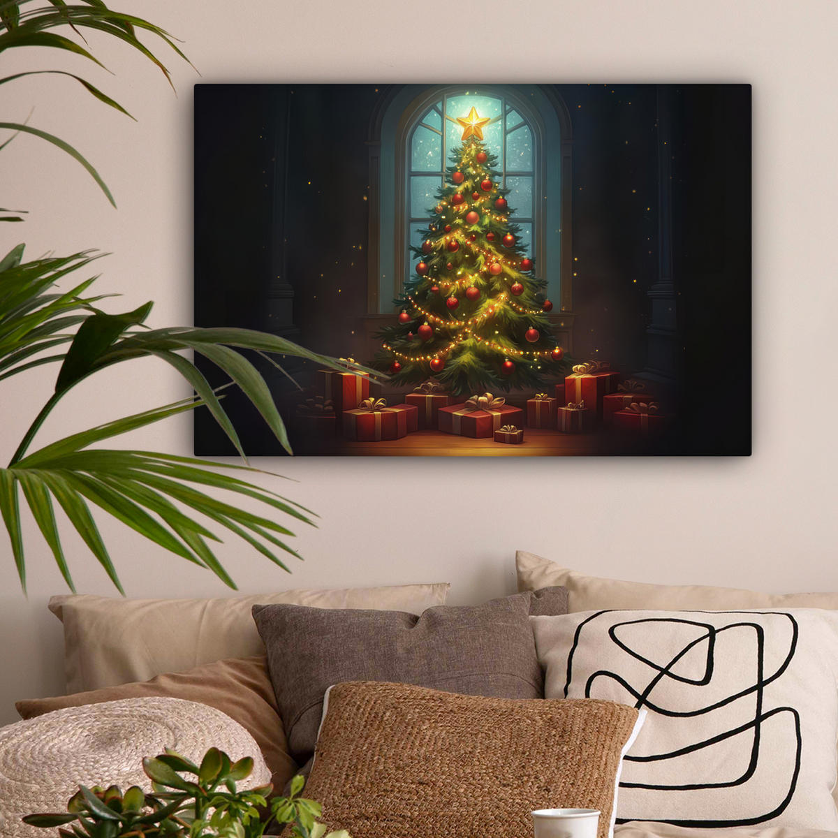 LEINWANDBILD Weihnachtsbaum - Geschenk - Winter Gemälde 60x40 cm - Grün, Textil (60/40cm) - MuchoWow