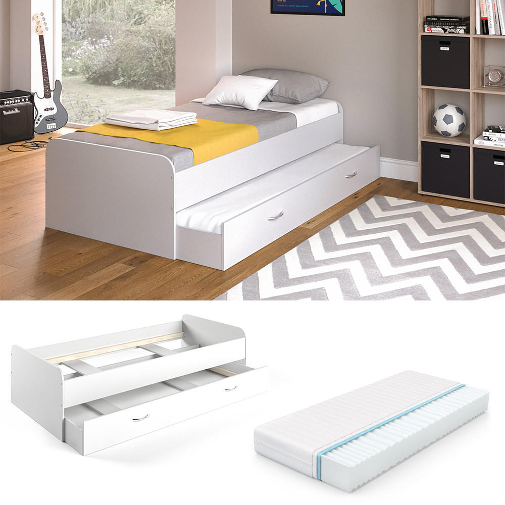 AUSZIEHBETT FÜR KINDER Enzo Weiß 90x200 cm mit Matratze - Weiß, Holzwerkstoff (203.2/52.4/94cm) - VitaliSpa
