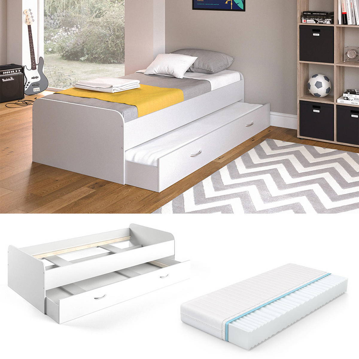 AUSZIEHBETT FÜR KINDER Enzo Weiß 90x200 cm mit Matratze - Weiß, Holzwerkstoff (203.2/52.4/94cm) - VitaliSpa