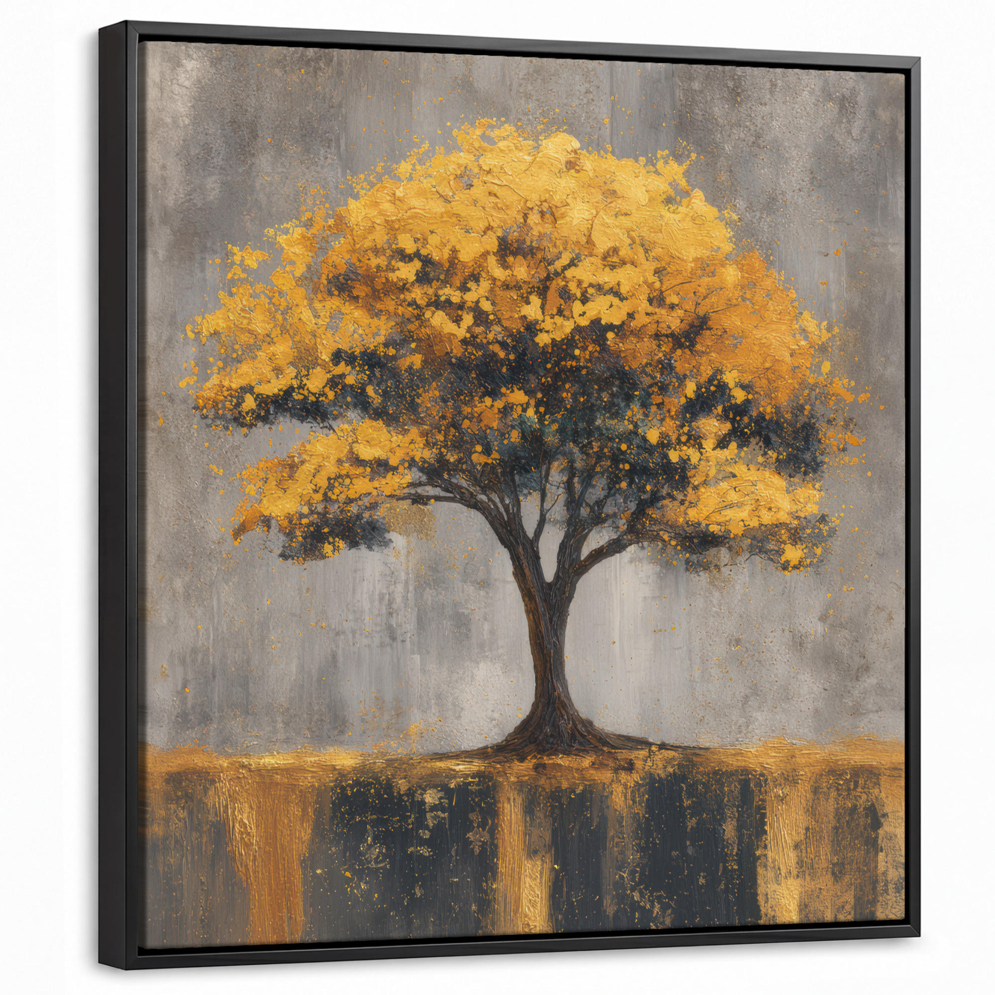LEINWAND Bilder mit Rahmen - Baum - Blätter - Gold - Abstrakt - 50x50 - Grau, Textil (50/50cm) - MuchoWow