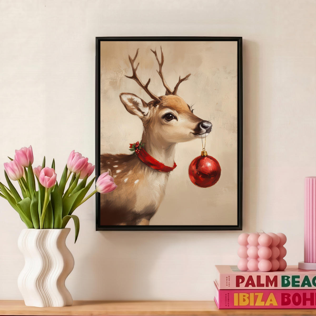 LEINWAND Bilder mit Rahmen - Weihnachten - Hirsch - Geweih - Weihnachtskugel - Rentier - 30x40 - Hellbraun, Textil (30/40cm) - MuchoWow