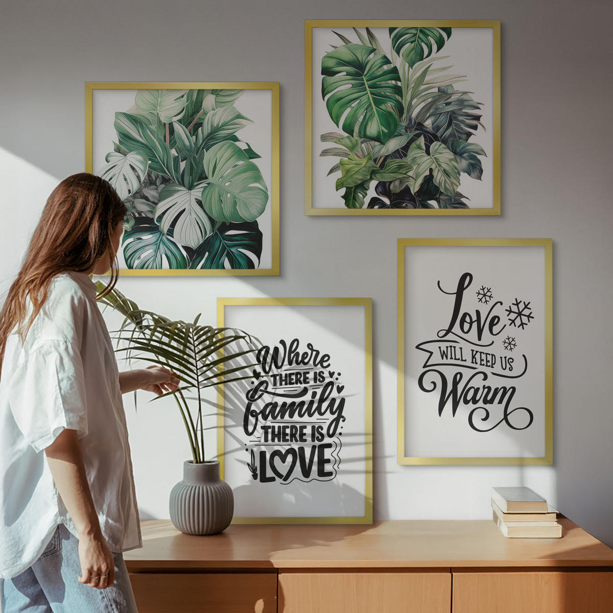 BILDER SET 4er Set - 50x50 cm & 40x60 cm Goldrahmen - Familie liebt Zuhause Aquarell - Goldfarben, Kunststoff (50/50cm) - TULUP