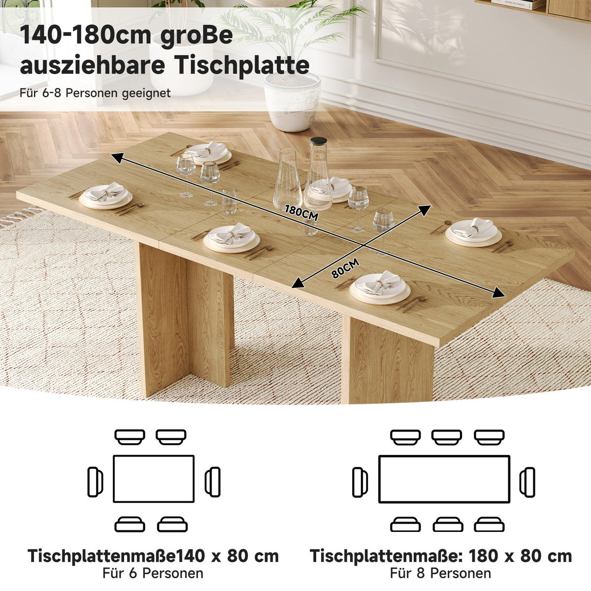 ESSTISCH in Eiche ausziehbarer Küchentisch mit verdickter Tischplatte, für Esszimmer Küche Wohnzimmer, B140-180/T80/H75cm - Eichefarben, Holzwerkstoff/Metall (80/180/75cm) - STILVORA