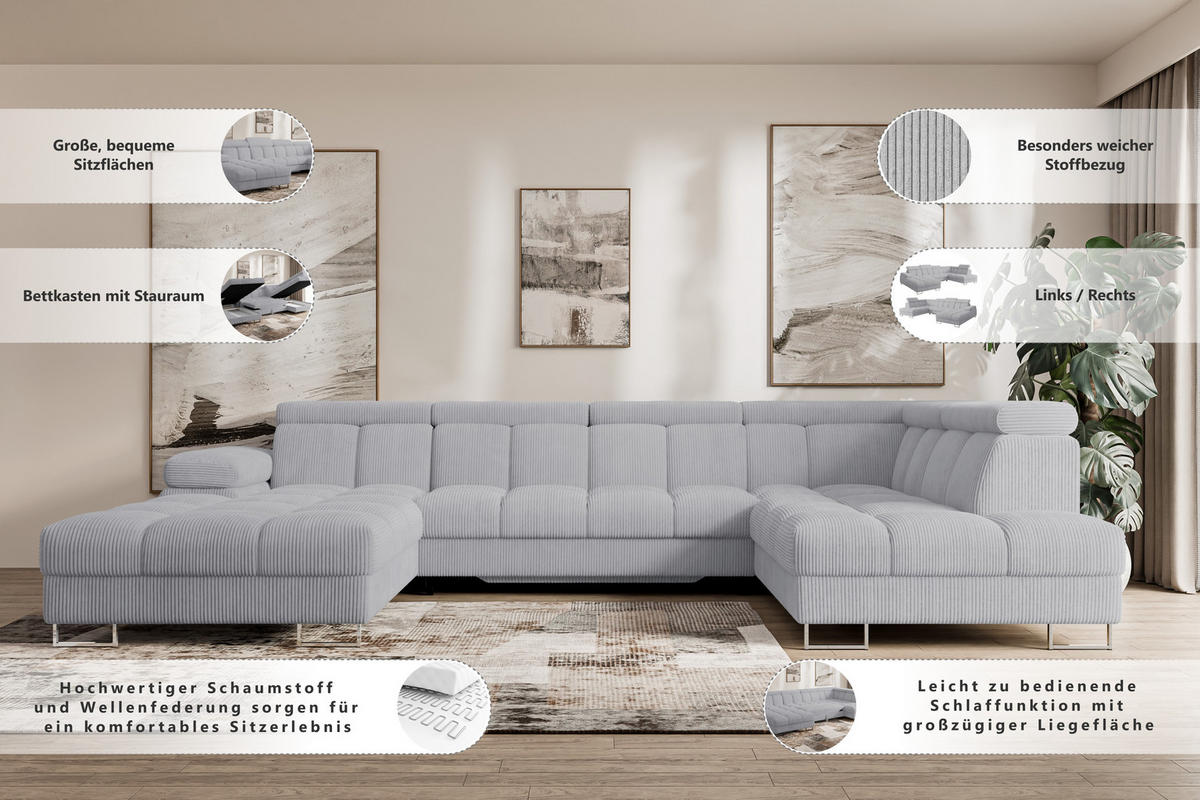 WOHNLANDSCHAFT mit Schlaffunktion und Bettkasten Ottomane RECHTS COMA U 345x203x79 Beige Cord - Beige, Holzwerkstoff/Textil (203/79/345cm) - ALTDECOR