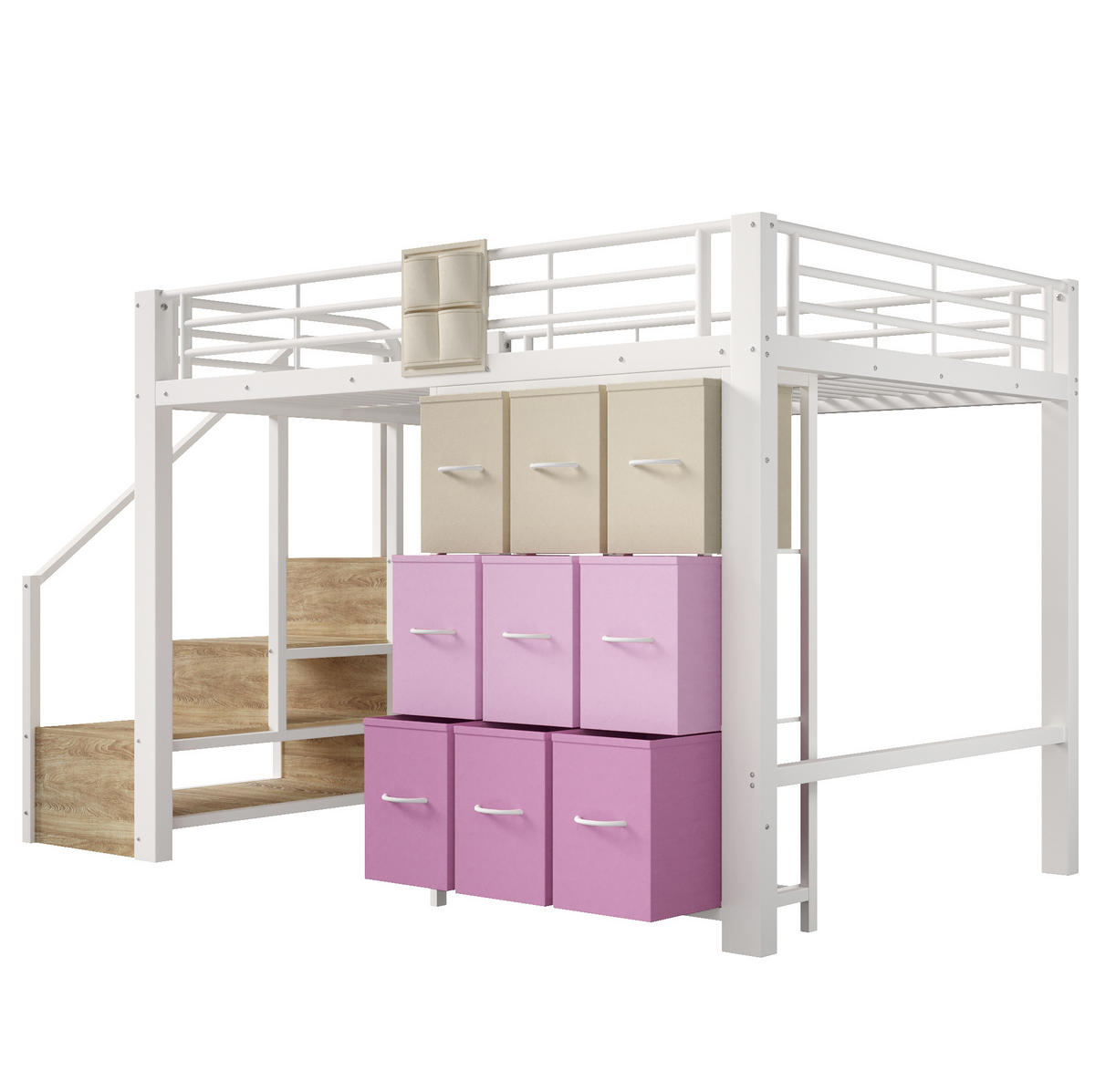 HOCHBETT 140/200 cm weiß aus Metall und MDF mit Stauraumtreppe - Weiß, Holzwerkstoff (140/200cm) - OKWISH