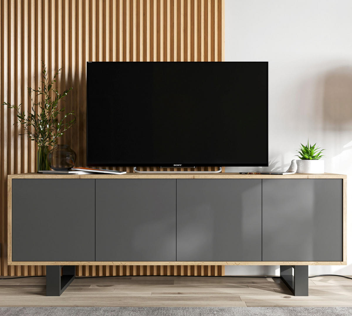 TV-SCHRANK Apollo2 Eiche wotan Graphit Matt mit Metallbeinen 150 cm - Graphitfarben/Schwarz, Holzwerkstoff/Metall (150/53/35cm) - Meble Lindner